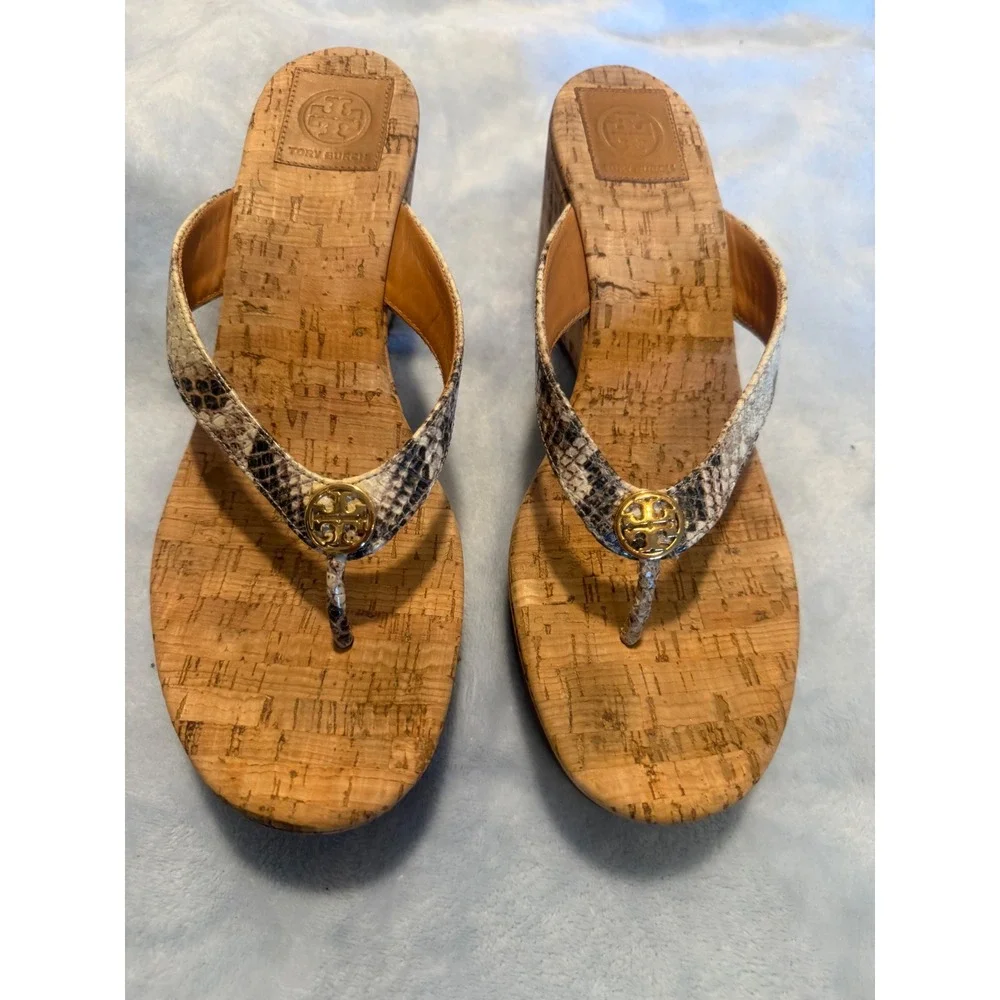 Tory Burch Miller Snakeskin Cork Wedge Sandals Platform Gold Logo Brown 10 1/2M